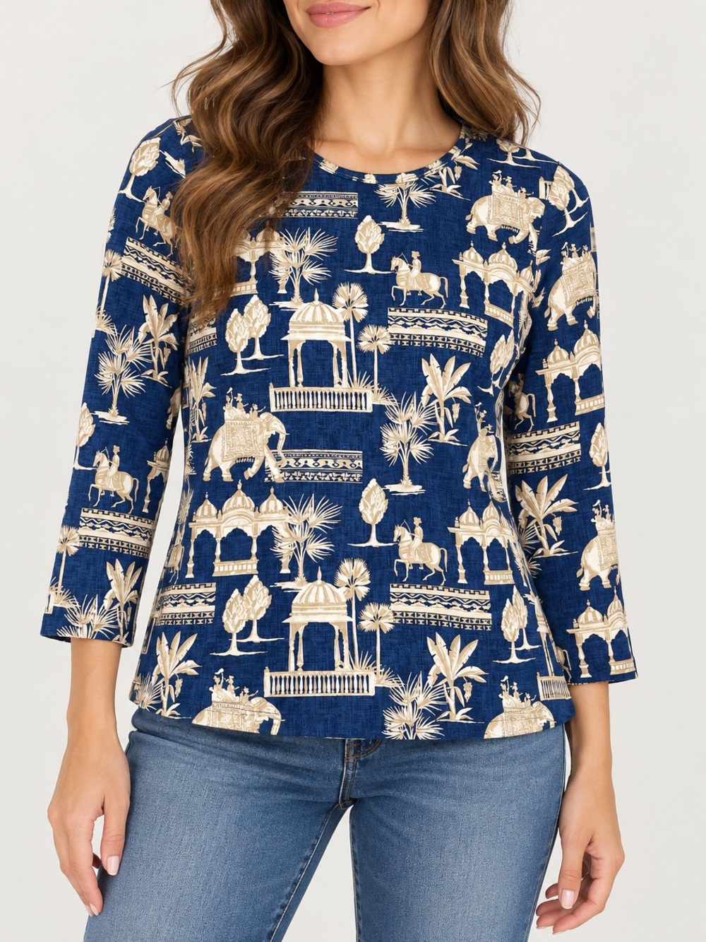 J. McLaughlin Navy Elephant Scenic Toile 3/4 Sleeve Top